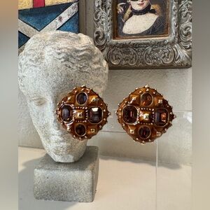 Vintage Maresco Clip-On‎ Earrings Amber Rhinestone Enamel Gold Tone Statement